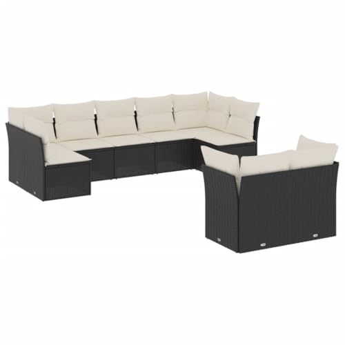 Mhdvray Salon de Jardin 9 Pièces en Résine Tressée Noire, Ensemble Canapé Modulaire, Coussins Blanc Crème, Mobilier dExtérieur pour Terrasse et Patio, 5...