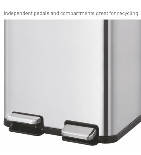 Image of Obsessions EKO Stainless Steel Step Trash Can for Recycling, 15+15L Rectangular Kitchen Dustbin, Independent Pedals and Lids, Soft Close and Fingerprint Resistant, Metallic