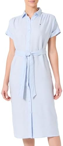 Tommy Hilfiger Damen Hemdkleid Linen Belted Kurzarm, Blau (Breezy Blue), 40