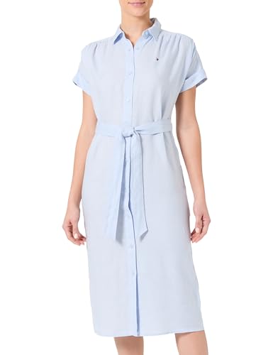 Tommy Hilfiger Women’s Short Sleeve Linen Belted Midi Shirt Dress, Blue (Breezy Blue), 16