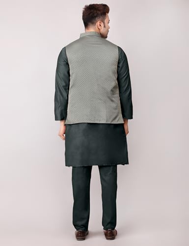 Image of Men's Cotton Silk Blend Regular Kurta Pyjama, Embroidered Nehru Jacket /Waistcoat Set