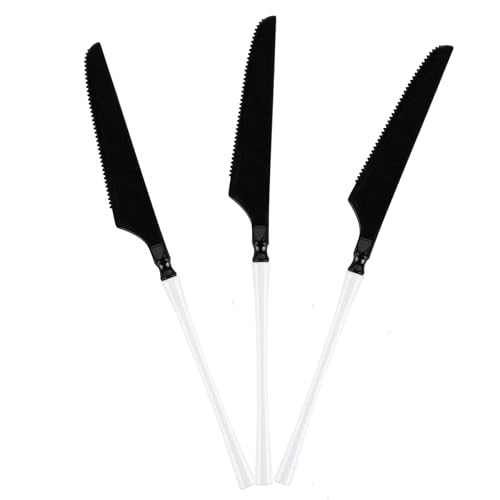 EcoQuality Black and White Disposable Plastic Knives - Heavy Weight Plastic Black & White Cutlery, Disposable Utensils, Silverware Perfect for Wedding, Birthday, Event Planning, Baby Shower, Anniversaries (80)