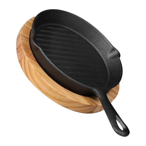 MUSISALY Sartén Parrilla de Hierro Fundido con Base de Madera y Diseño de Rayas para Cocinar Bistec en Mesa o Camping, Movilidad Fácil y Reutilizable
