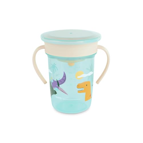 Miniland Sippy Cup 360 Jurassic - Vaso de Aprendizaje 270 ml Antiderrame | Sistema 360° sin Boquilla | Con Asas Ergonómicas y Tapa | Personalizable | Apto para Lavavajillas