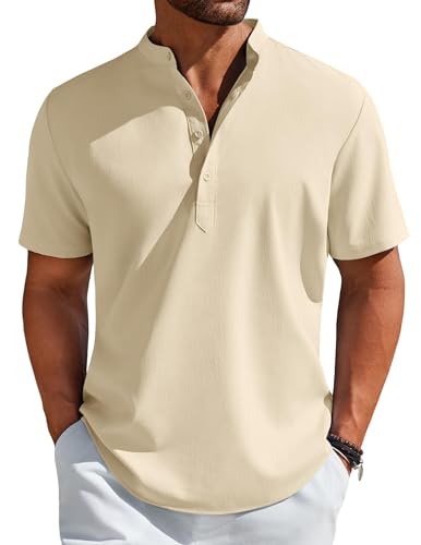 COOFANDY Mens Collarless Henley Beach Shirt Casual Short Sleeve Summer Shirt Beige
