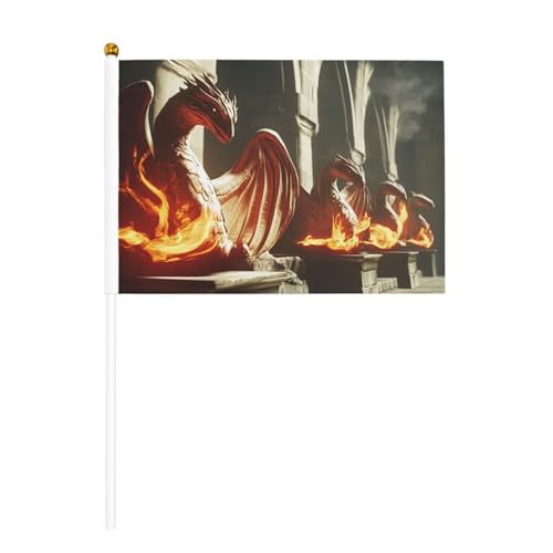 Lot de 6 drapeaux fantastiques à main Dragon de feu 14 x 21 cm – Petits drapeaux sur bâtons de bois avec dessus de lance – Mini drapeau pour défilés, élections, événements patriotiques