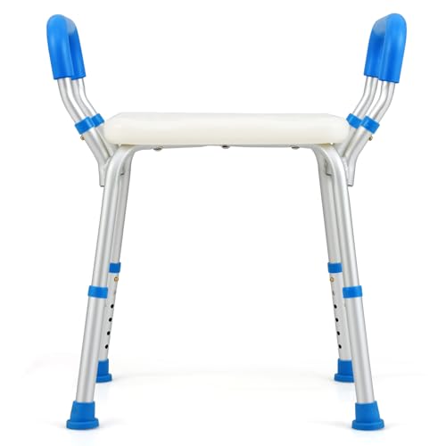 GOPLUS Silla de Ducha, Taburete de Ducha Regulable en Altura con Reposabrazos Desmontable, Asiento de Ducha con Estructura de Aluminio para Baño (Azul)