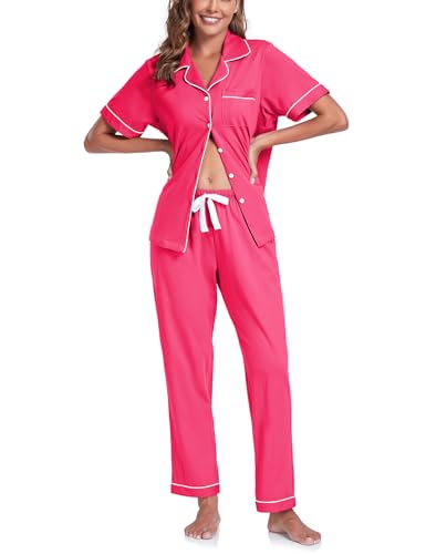 Image of COLORFULLEAF Women's 100% Cotton Pajamas Set Button Down Sleepwear Short Sleeve Shirt and Long Pants Soft Ladies Lounge Sets