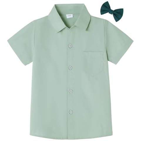 DISAUR Boys Button Down Shirt Short Sleeve Solid Color Green Dress Shirt with Bow Tie Boys School Uniform Shirts 8-9 Years Cover