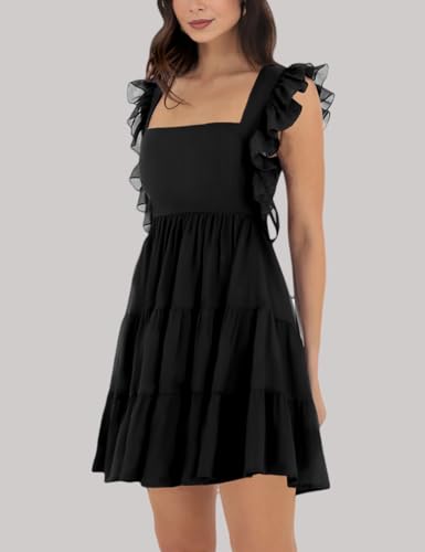 Women’s Summer Square Neck Tie Back Ruffle Sleeve Tiered Casual A-Line Short Mini Dress3