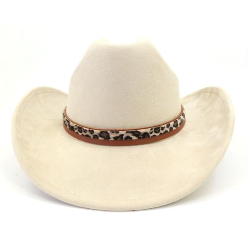 Image of Classic Suede Cowboy Hat for Adult Wide Brim Western Cowgirl Hat Women Fedora Hat with Leopard Print Hatband