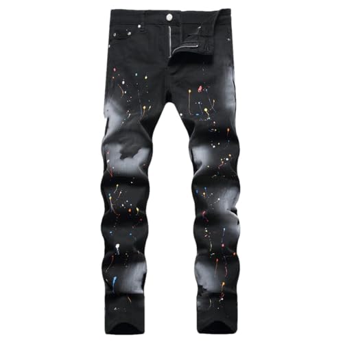 Men Painted Jeans Stretch Denim Slim Straight Pants Streetwear Print Trousers