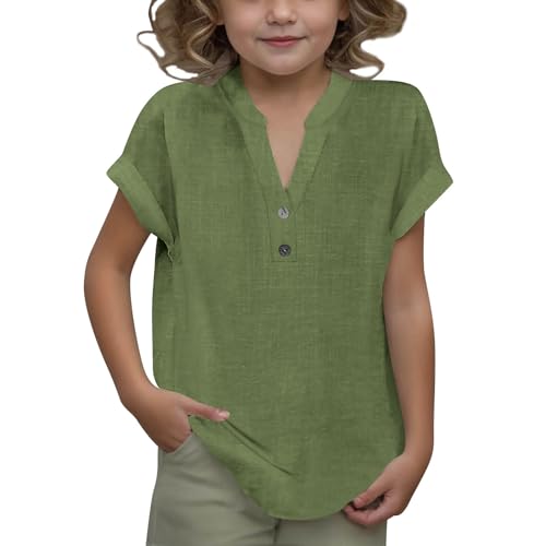 Linen Shirts for Girls Summer Casual Button v Neck Tunic Blouses 2025 Kids Trendy Lightweight Solid Short Sleeve Tops