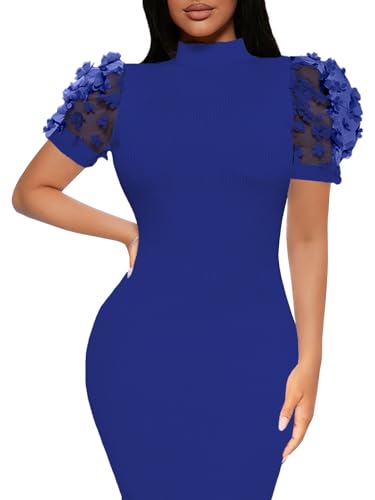 Image of Annystore Women's Mesh See Through Sheer Dress Short Puff Sleeve Bodycon Dress Mock Neck Sexy Club Party Midi Dress Clubwear