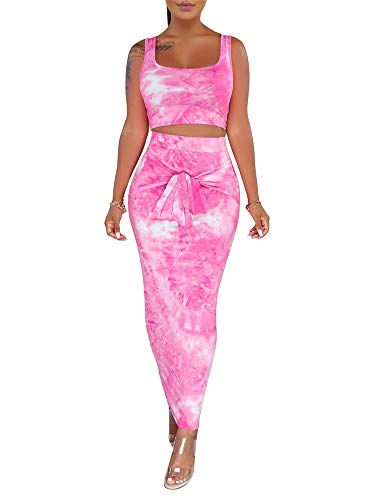 Two Piece Outfits for Women Sexy Sleeveless Tie Dye Print Tank Crop Top Bodycon Tie Skirts Set 2 Piece Midi Dress Outfits Pink Small