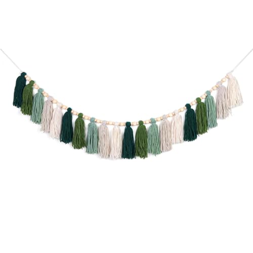 Image of GIAUMA Green Tassel Garland with Wood Bead Jungle Leaves Woodland Forest Boho Wall Hanging Tassels Bunting Banner for Classroom Nursery Dorm Kids Bedroom Room Baby Shower Birthday Party Office Decor