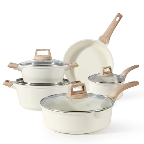 CAROTE Topfsets Pfannenset 9-Teilig, Pfanne 24cm, Stielkasserolle 18cm, Topf 20/24cm, Tiefe Bratpfanne 28cm, Antihaft-Beschichtung mit Deckel, Kochgeschirr-Set, Induktionspfanne