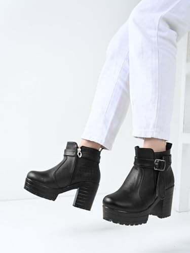 Image of XE Looks Fashionable & Trendy Block Heel Ankle Boots for Women with Buckle Detail and Zipper Closure, Ideal for Casual and Dressy Outfits for Women & Girls