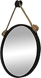  GLTZEN Miroirs de courtoisie de Maquillage Ronds contemporains avec Sangle de Suspension en Corde de Chanvre Hainging, Salle de Bains encadrée en métal Noir Grand Miroir décor à la Maison (Taille :