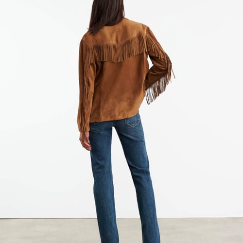 Women's Western Suede Leather Jacket with Fringe, Brown, Button Front, 2 Pockets3