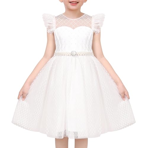 Sunny Fashion Girls Dress White Lace Mesh Diamond Pearl Flying Sleeve Formal Wedding Age 8 Years