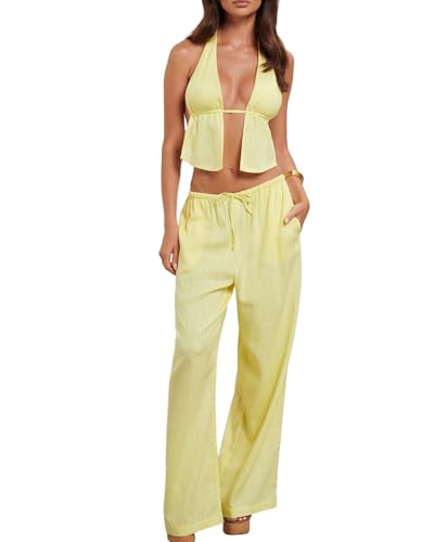 Cusghjbsg Ensemble 2 pièces pour femme avec pantalon d'été sans manches à rayures à nouer et dos nu et pantalon large avec cordon de serrage, Jaune A, S