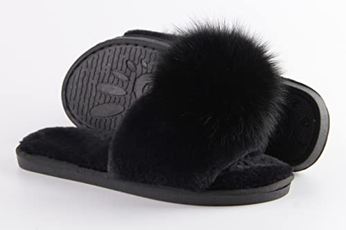 Women Slippers with Real Fox Fur Ball, Girl Furry Cozy Warm House Slipper, Open Toe Soft Flat Slide Sandals for Women Indoor Outdoor3