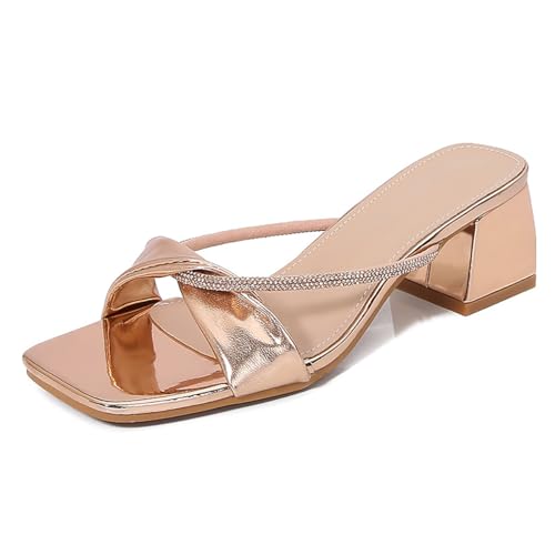 Sandalias De Punta Cuadrada Mujer Tacón Grueso Strass Slip On Sandalias Mujer Punta Abierta Tira Posterior Mules para Vacaciones En La Playa Y Boda Forro De Piel De Oveja Suave,Rose,41 EU