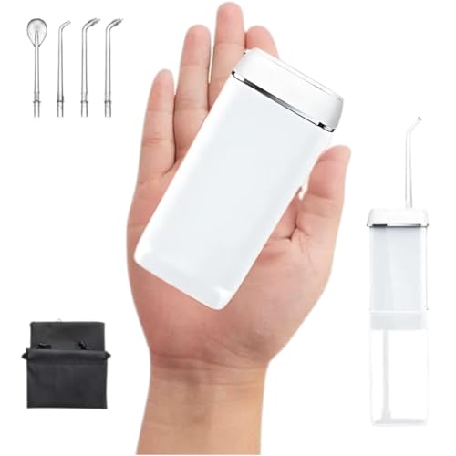 Irrigador Bucal Portatil - Irrigador Bucal Viaje 4 Boquillas 3 Modos, Irrigador Dental IPX7 140ml, Presion de Agua de 140 PSI, Mini Irrigador USB-C Recargable para Limpiar Dientes y Viajes (Blanco)