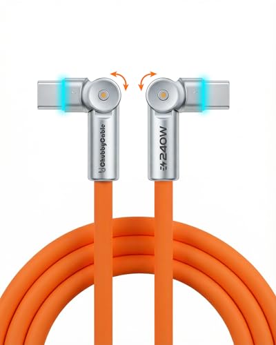chubbycable Chubby RotateX 240W Dual 180 Rotating Fast Charging Cable with LED Light Soft Silicone USB C Cable Extra Thick Durable Charger Cord Orange 6.6ft
