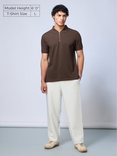 Image of The Souled Store Popcorn: Dark Mocha Men and Boys Short Sleeves Collared Neck Solid Cotton Blend Regular Fit Zipper Polos