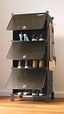 BOXJOY 6 Shelf Black Shoe Rack with 3 Doors, 5 Hook Steel Holder & Wooden Hammer Home Storage PP Plastic Organizer with Metal Door Frame and Foots for Chappal Slipper Sandals Shoes Box Stand