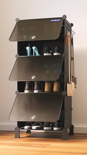 BOXJOY 6 Shelf Black Shoe Rack with 3 Doors, 5 Hook Steel Holder & Wooden Hammer Home Storage PP Plastic Organizer with Metal Door Frame and Foots for Chappal Slipper Sandals Shoes Box Stand