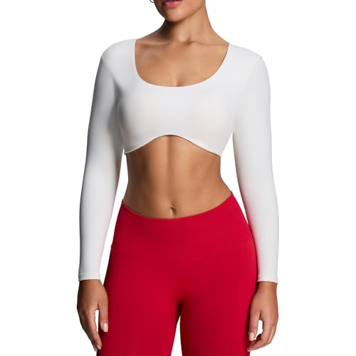 Image of Aoxjox Women's Define Sculpt Long Sleeve Crop Tops | buttery soft fabric,curved hem,hollow back, low support, removable pads, workouts,yoga,gym, daily wear