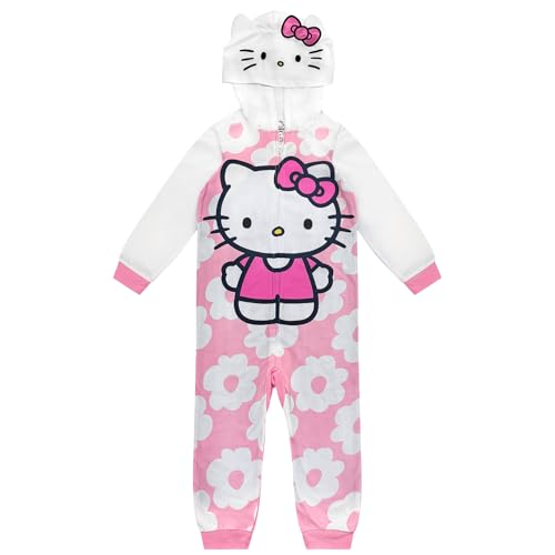 Hello Kitty Kids Onesie Pajamas - Girls Long Sleeve Zip Up Hooded Blanket Sleeper - One Piece Costume - Official License Pink