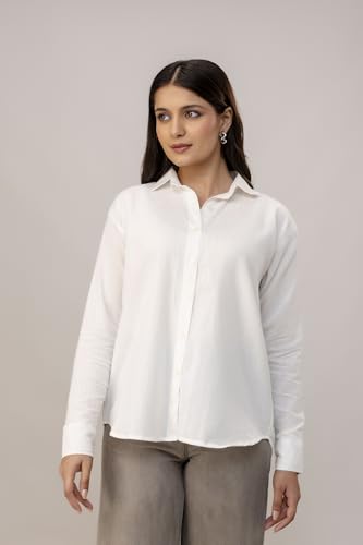 Image of Women's Linen Blend Shirt | Casual Collared Button Down Shirt for Women | Solid Color Full Sleeve Oversized Fit | Summer Casual & Office Wear Top