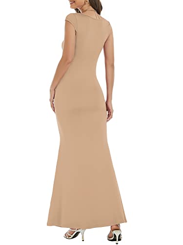 Image of Womens Summer Cap Sleeve Square Neck Elegant Casual Lounge Bodycon Slim Maxi Evening Party Long Dress