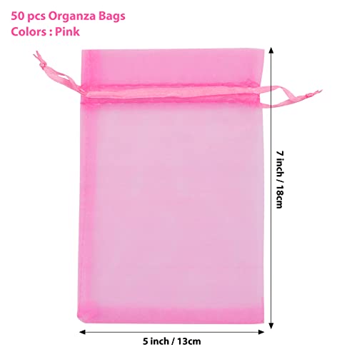 Image of ANZNKU 50 Pack Hot Pink Organza Bags 5 x 7 inch, Small Mesh Drawstring Gift Bags, Jewelry Pouches Small Mesh Bag for Candy Party Wedding Favor & Easter Gifts
