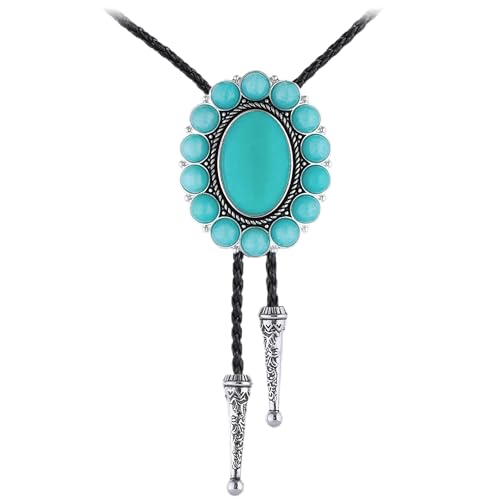 Image of GelConnie Bolo Tie for Men Women Western Cowboy Turquoise Leather Necktie | Natural Stone Bolo Tie Necklace for Women Rodeo Cowboy Leather Necktie Native American Western Cowgirl Ties Adjustable Cord