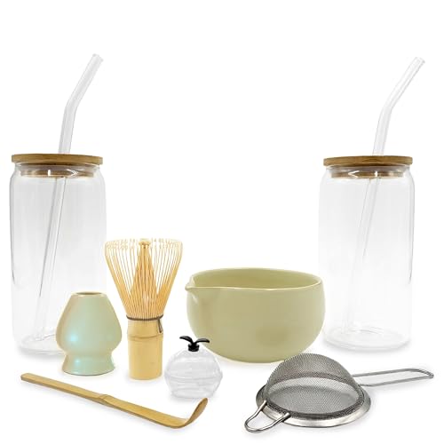 Matcha Whisk Set with Glass Cups – Japanese Matcha Set Tea Ceremony Starter Kit with Bamboo Chasen Whisk, Sifter and Scoop – Iced Making