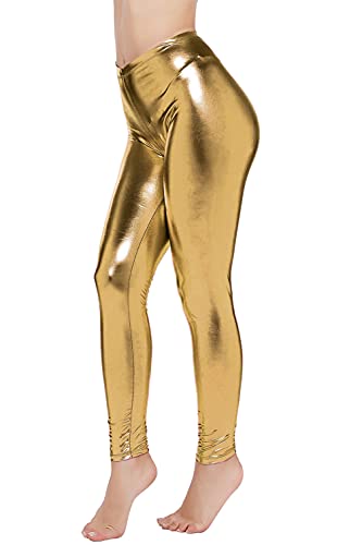 PINKPHOENIXFLY Womens Sexy Shiny Faux Leather Leggings Pants, Gold, Small