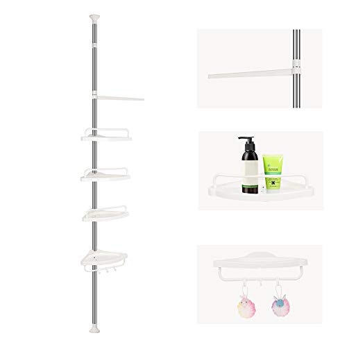 XUANYU Estante de ducha sin perforación, almacenamiento de ducha telescópico 120-304 cm, estante de esquina de ducha de acero inoxidable y plástico, 4 estantes, beige (blanco) Cover