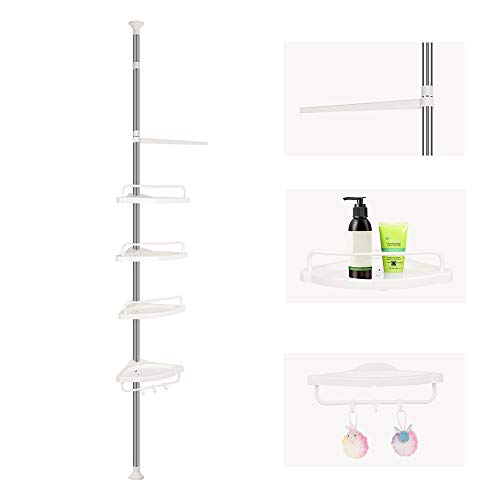 XUANYU Etagère de Douche sans percage, Rangement de Douche telescopique 120-304 cm, Etagère d'angle de Douche en Acier Inoxydable & plastique, 4 étagères, Beige (Blanc)