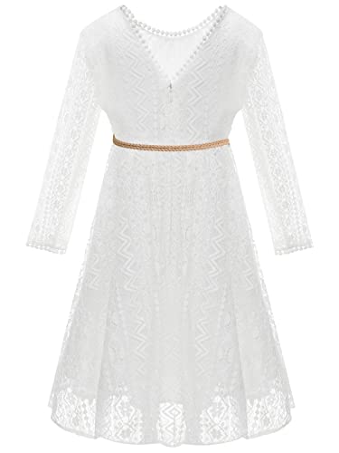 Allovin Toddler Girl's Vintage Boho A-Line Lace Dress With Belt Kids Pom Pom Trim Birthday Party Dress Ls-White,8-9Y #TOP1