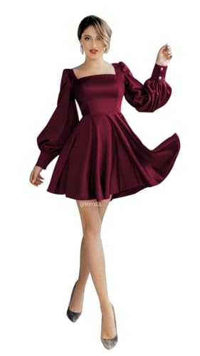 Long Sleeve Satin Homecoming Dresses for Teens Square Neck Short Prom Dress A Line Cocktail Party Dresss