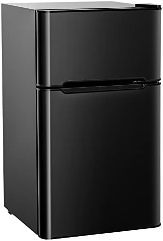 LHONE 2-Door Compact Refrigerator, 3.2 cu ft.Mini Fridge with Freezer,Freezer Compact Small Fridge with Refrigerators Thermostat,Removable Glass Shelves,Low Noise,Stainless Steel (Black)
