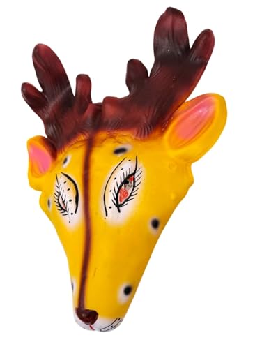 Image of BookMyCostume Swarn Mrig (Deer) Rubber Mask - Yellow & Brown Hand-Painted Folk Mask with Antlers | Ramayana Character for Festivals, Plays & Decor
