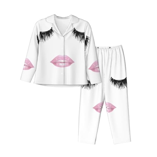 Pyjama 2 pièces à manches longues blanc imprimé lèvres pour femme