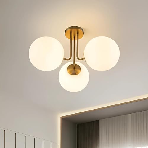 Image of with Bulb Modern Golden Metal & 3 Dome Glass Globe Sputnik Chandelier Metal Ceiling Light Hanging Fixture Semi Flush Mount Chandelier for Living Room, Dining, Room Bedroom