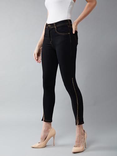 Image of Miss Chase Women's Skinny High Rise Cropped Length Fringe Detailing Stretchable Denim Jeans
